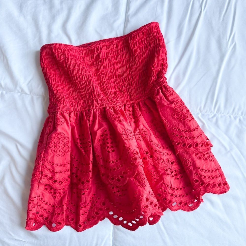 Red Strapless Eyelet Blouse